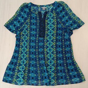 Maggie Barnes Catherines Womens 1X Blue Green Jeweled Sheer Bright Tunic Blouse